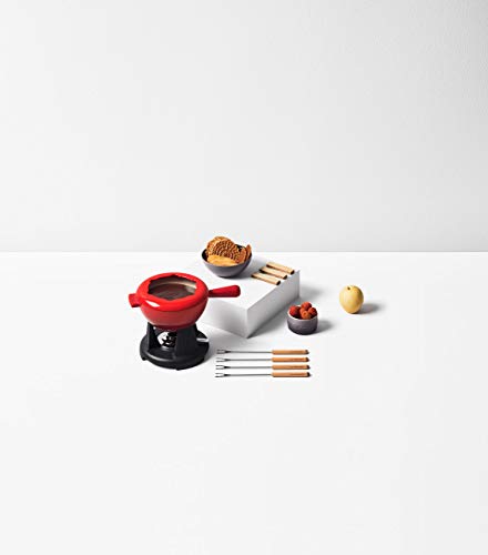 Le Creuset Set de fondue de hierro fundido, Con 2 asas, tapa antisalpicaduras, quemador y 6 tenedores para fondue, Volumen 1.6 L, Cereza