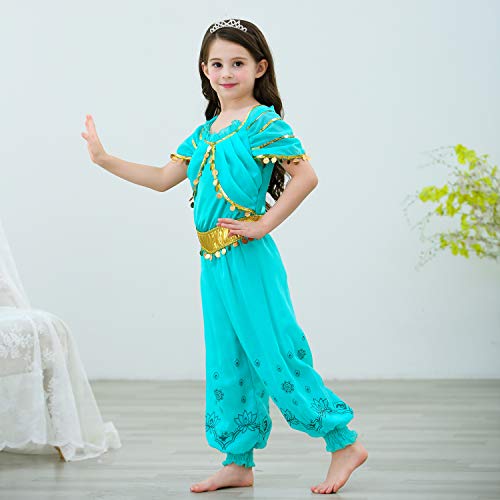 Le SSara Chicas Princesa Jasmine Vestir Disfraces Halloween Arabian Fiesta Vestido (100, D55-Green)