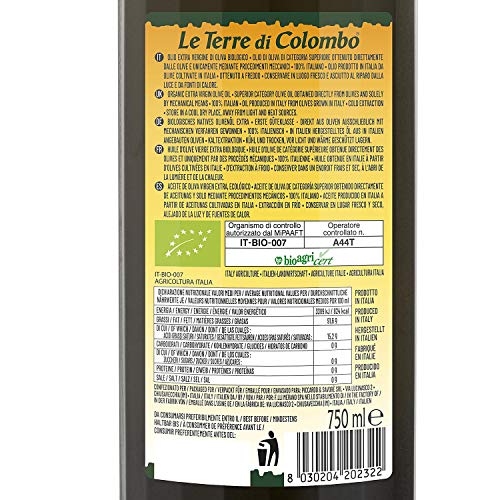 Le Terre di Colombo – Aceite de oliva virgen extra ecológico 100 % italiano, botella con estrías y tapón mecánico, 750 ml