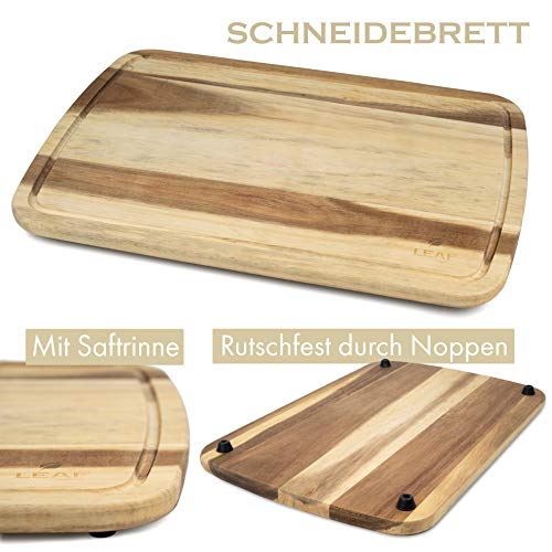 Leaf Premium - Tabla de cortar de madera de acacia, tamaño XL, 45 x 30 x 1,5 cm, tabla para pan de 27 x 17 x 1,5 cm, patas de silicona antideslizantes, incluye soporte multifunción, madera, XL
