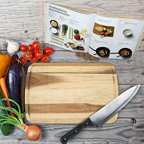 Leaf Premium - Tabla de cortar de madera de acacia, tamaño XL, 45 x 30 x 1,5 cm, tabla para pan de 27 x 17 x 1,5 cm, patas de silicona antideslizantes, incluye soporte multifunción, madera, XL