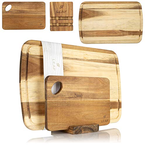 Leaf Premium - Tabla de cortar de madera de acacia, tamaño XL, 45 x 30 x 1,5 cm, tabla para pan de 27 x 17 x 1,5 cm, patas de silicona antideslizantes, incluye soporte multifunción, madera, XL