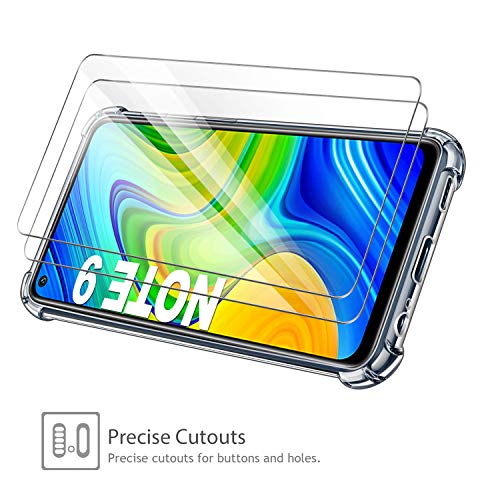 Leathlux Funda Xiaomi Redmi Note 9 + [2 Pack] Cristal Templado Protector de Pantalla, Ultra Fina Silicona Transparente TPU Funda y Protector Airbag Anti-arañazos Carcasa Xiaomi Redmi Note 9 6.53"