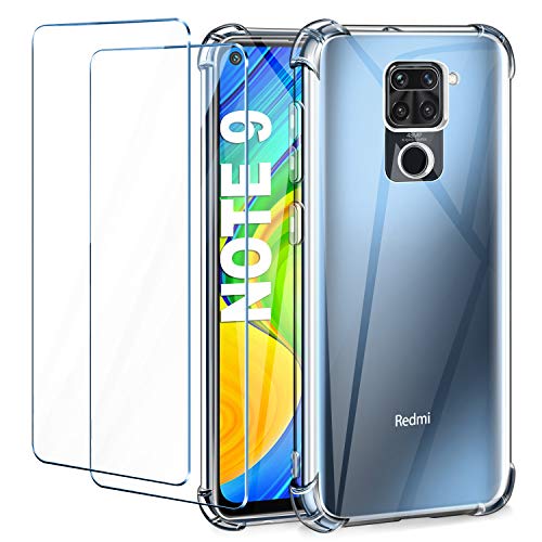 Leathlux Funda Xiaomi Redmi Note 9 + [2 Pack] Cristal Templado Protector de Pantalla, Ultra Fina Silicona Transparente TPU Funda y Protector Airbag Anti-arañazos Carcasa Xiaomi Redmi Note 9 6.53"