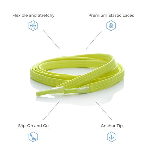 Leazy Flat, Cordones Elásticos Planos Unisex, Amarillo Neón, Talla L(Hasta 6 Ojales Por Lado)