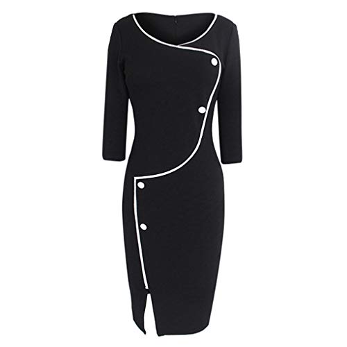 LEEDY Botones con Cuello En V para Mujer Manga De La Manga Tenedor LáPiz Casual Party Club Vestido Largo