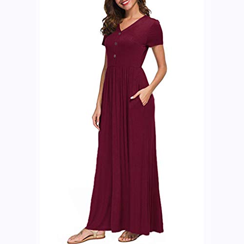 LEEDY Verano Mujer con Cuello En V BotóN De Bolsillo Informal Piso De Manga Corta Vestido Largo Vestido De CóCtel Fiesta De Playa Suelta