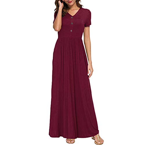LEEDY Verano Mujer con Cuello En V BotóN De Bolsillo Informal Piso De Manga Corta Vestido Largo Vestido De CóCtel Fiesta De Playa Suelta