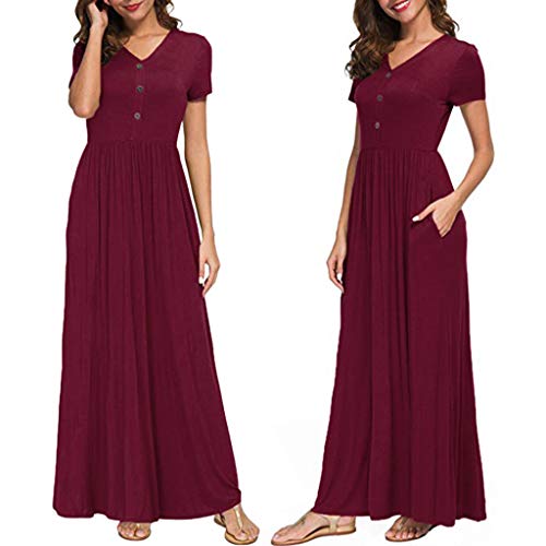 LEEDY Verano Mujer con Cuello En V BotóN De Bolsillo Informal Piso De Manga Corta Vestido Largo Vestido De CóCtel Fiesta De Playa Suelta