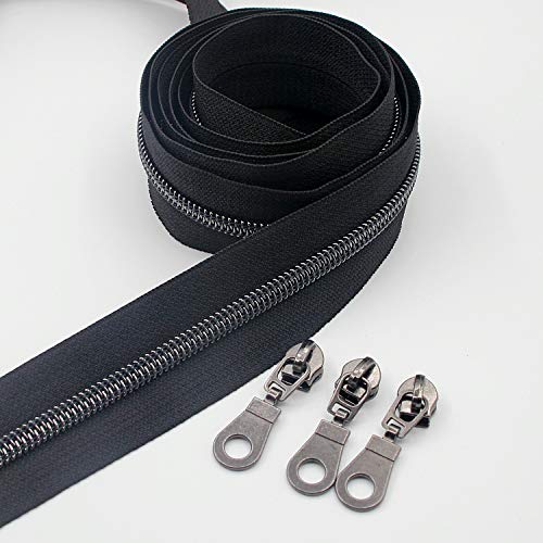Leekayer #5 Gunmetal - Rollo de 9,1 m de cremallera metálica negra con dientes en color latón y 25 deslizadores dorados, para trabajos de costura, artesanía, bolsos