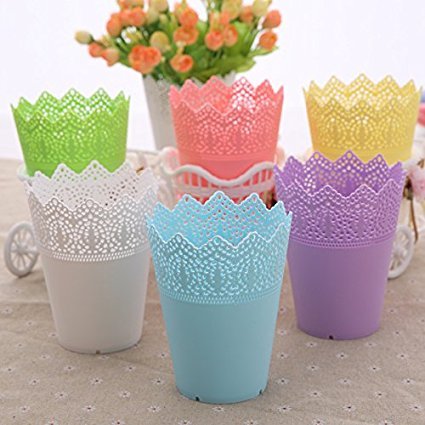 Leisial 5pcs Jarrón de Plástico Macetas para Flores Lace Flor Planta Pot Jardinero Hollow Flor Patrón Oficina Hogar Jardín Balcón Decoración Blanco
