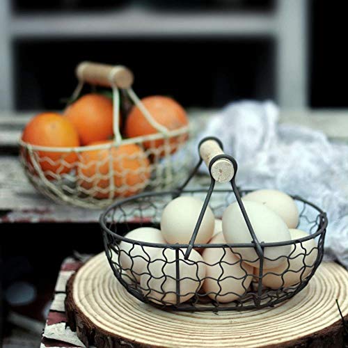 LEIXNDPLBO Mango de Madera Cesta Retro de Metal Cesta de Almacenamiento de comestibles de Huevos de Frutas Vegetales portátiles multifunción, Blanco