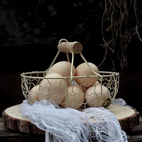 LEIXNDPLBO Mango de Madera Cesta Retro de Metal Cesta de Almacenamiento de comestibles de Huevos de Frutas Vegetales portátiles multifunción, Blanco