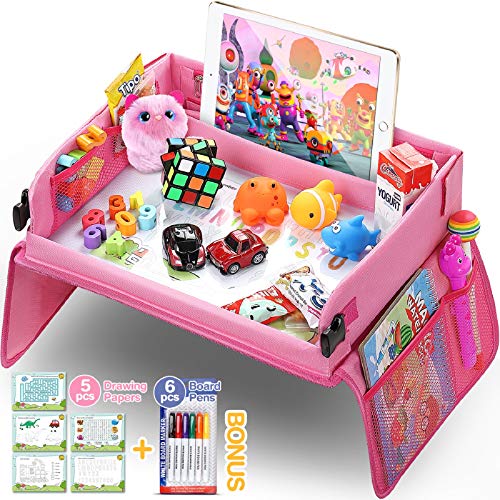 lenbest Mesa Coche para Niños, Mesa para Niños en la Asiento de Coche, Tablero Impermeable del Coche - 40x32 cm, Bandeja para Coche, Cochecito, Avión (Juego de Papel de Dibujo Educativo Extra)
