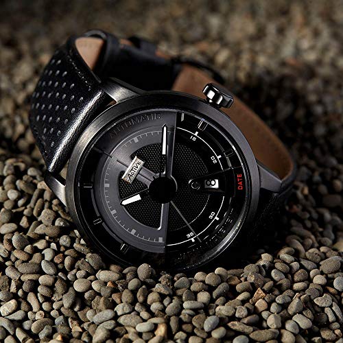 Lenvino - Reloj automático de acero con fecha y piel para hombre