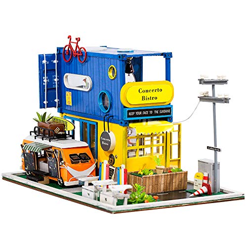 Lepeuxi Casa de muñecas en Miniatura de Bricolaje con Muebles y Luces LED Diseño de Contenedor con camión de Catering Casa de Madera en 3D Cumpleaños creativos Festivales niños