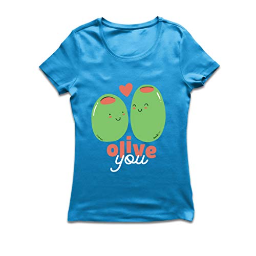lepni.me Camiseta Mujer Olive You I Te Quiero Lindo Regalo romántico para Parejas (Medium Azul Multicolor)