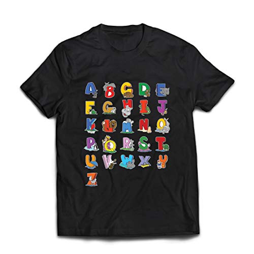 lepni.me Camisetas Hombre Alfabeto Inglés, Diseño de Canciones ABC, Aprendizaje de Letras, Regreso a la Escuela o Regalos de Graduación (Small Negro Multicolor)