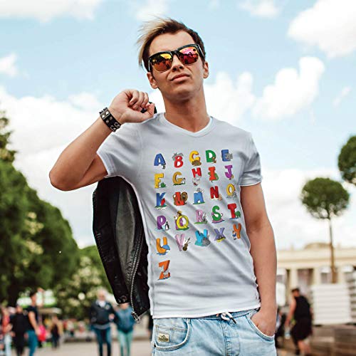 lepni.me Camisetas Hombre Alfabeto Inglés, Diseño de Canciones ABC, Aprendizaje de Letras, Regreso a la Escuela o Regalos de Graduación (Small Negro Multicolor)