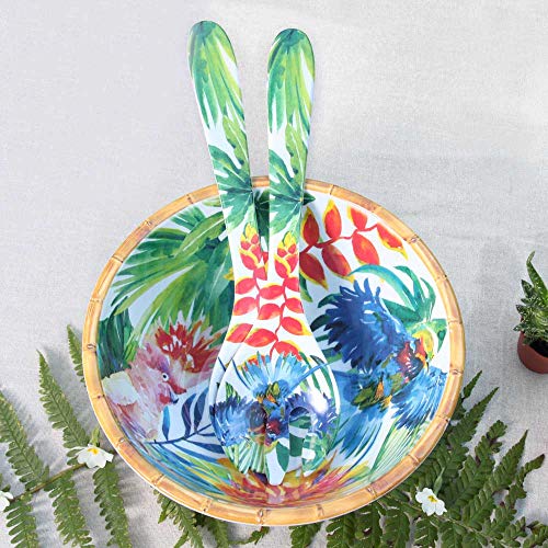 Les Jardins de la Comtesse - Cubiertos de Ensalada de Servicio - Melamina Pura - Pájaros Tropicales - 33 cm - Azul/Verde/Amarillo - Set de Cuchara/Tenedor : Colección Vajilla Irrompible MelARTmine