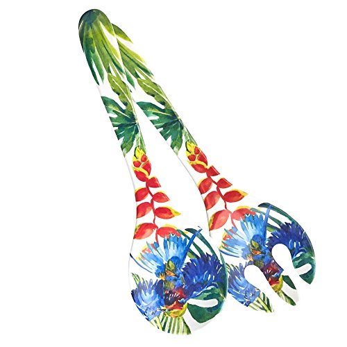 Les Jardins de la Comtesse - Cubiertos de Ensalada de Servicio - Melamina Pura - Pájaros Tropicales - 33 cm - Azul/Verde/Amarillo - Set de Cuchara/Tenedor : Colección Vajilla Irrompible MelARTmine