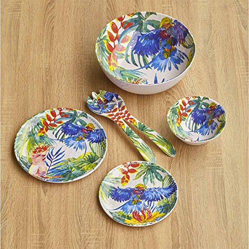 Les Jardins de la Comtesse - Cubiertos de Ensalada de Servicio - Melamina Pura - Pájaros Tropicales - 33 cm - Azul/Verde/Amarillo - Set de Cuchara/Tenedor : Colección Vajilla Irrompible MelARTmine