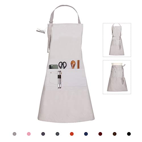 LessMo Delantal, 100% algodón de Cocina Delantal con Correa para el Cuello Ajustable, Barbacoa de Calidad Profesional Delantal, 70 x 85 cm, Gris