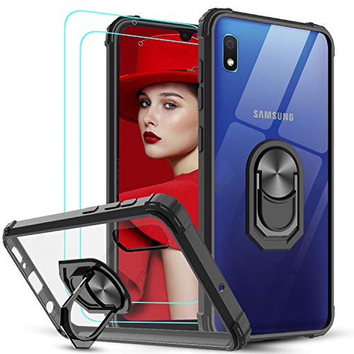 LeYi Funda Samsung Galaxy A10 con [2-Unidades] Cristal Vidrio Templado,Transparente Carcasa con 360 Grados iman Soporte Silicona Bumper Antigolpes Armor Case para Movil A10,Clear Negro
