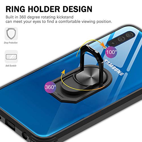 LeYi Funda Samsung Galaxy A50 con [2-Unidades] Cristal Vidrio Templado,Transparente Carcasa con 360 Grados iman Soporte Silicona Bumper Antigolpes Armor Case para Movil A50,Clear Negro