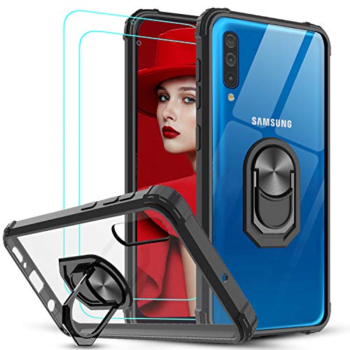 LeYi Funda Samsung Galaxy A50 con [2-Unidades] Cristal Vidrio Templado,Transparente Carcasa con 360 Grados iman Soporte Silicona Bumper Antigolpes Armor Case para Movil A50,Clear Negro