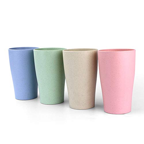 LEZED Juego de Tazas de Vajilla de Paja de Trigo Vaso Taza Biodegradable Paja de Trigo para Agua Café Jugo de Leche Té Tazas de Enjuague 400 ml (Pack de 4, Verde, Azul, Rosa, Amarillo)