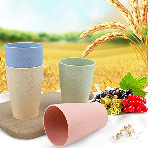 LEZED Juego de Tazas de Vajilla de Paja de Trigo Vaso Taza Biodegradable Paja de Trigo para Agua Café Jugo de Leche Té Tazas de Enjuague 400 ml (Pack de 4, Verde, Azul, Rosa, Amarillo)