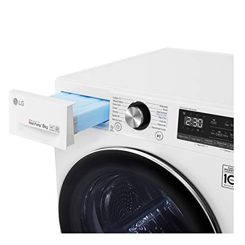 LG RC80V9AV2W - Secadora 8 kg con tecnología DUAL Inverter Heat Pump (Eficiencia Energética A+++ -10%, Eco Hybrid, Antialérgica, Limpieza automática del condensador, Puerta reversible) color blanco