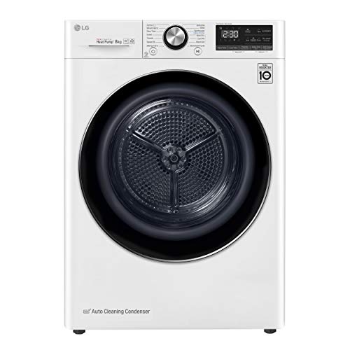 LG RC80V9AV2W - Secadora 8 kg con tecnología DUAL Inverter Heat Pump (Eficiencia Energética A+++ -10%, Eco Hybrid, Antialérgica, Limpieza automática del condensador, Puerta reversible) color blanco