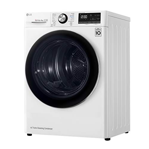 LG RC80V9AV2W - Secadora 8 kg con tecnología DUAL Inverter Heat Pump (Eficiencia Energética A+++ -10%, Eco Hybrid, Antialérgica, Limpieza automática del condensador, Puerta reversible) color blanco