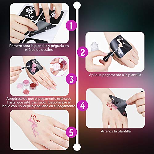 Lictin Kit de Tatuajes Temporales Niñas con Brillantina-Tatuajes Purpurina con 30 Colores,10 Plantillas de Tatuaje Temporales.3 Bolígrafos para Tatuajes,Impermeable y No Tóxico para el cuepo
