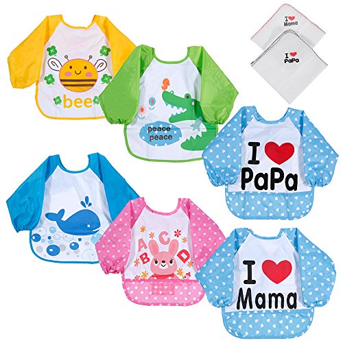 Lictin Unisex 6Pcs Baberos de Mangas Larga Impermeable con 2Pcs Baberos Bandana