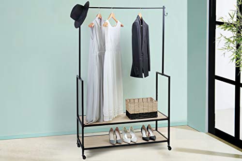 LIFA LIVING Perchero Burro con Ruedas, Perchero de Pie Metálico Multiusos con 2 Estantes de Madera, para Colgar Ropa, Bolsa, Zapatos, Estilo Moderno y Minimalista, 1.75 m