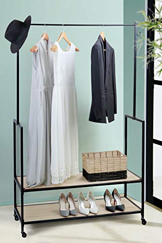 LIFA LIVING Perchero Burro con Ruedas, Perchero de Pie Metálico Multiusos con 2 Estantes de Madera, para Colgar Ropa, Bolsa, Zapatos, Estilo Moderno y Minimalista, 1.75 m
