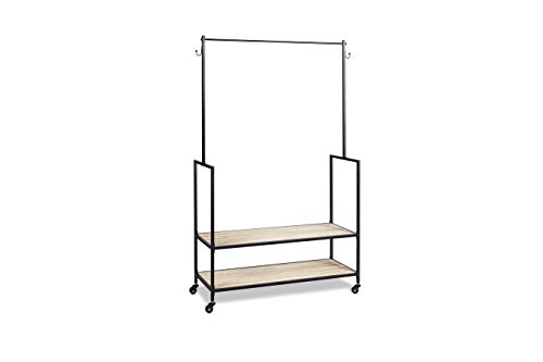LIFA LIVING Perchero Burro con Ruedas, Perchero de Pie Metálico Multiusos con 2 Estantes de Madera, para Colgar Ropa, Bolsa, Zapatos, Estilo Moderno y Minimalista, 1.75 m