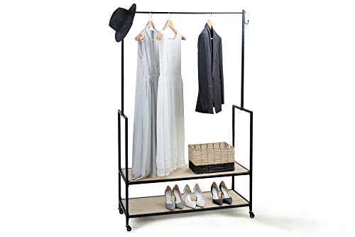 LIFA LIVING Perchero Burro con Ruedas, Perchero de Pie Metálico Multiusos con 2 Estantes de Madera, para Colgar Ropa, Bolsa, Zapatos, Estilo Moderno y Minimalista, 1.75 m