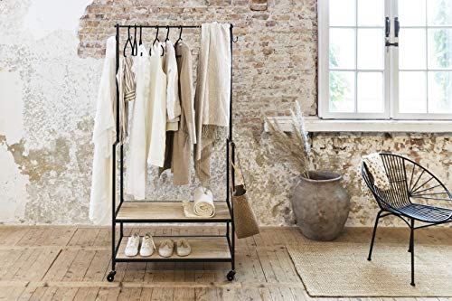 LIFA LIVING Perchero Burro con Ruedas, Perchero de Pie Metálico Multiusos con 2 Estantes de Madera, para Colgar Ropa, Bolsa, Zapatos, Estilo Moderno y Minimalista, 1.75 m