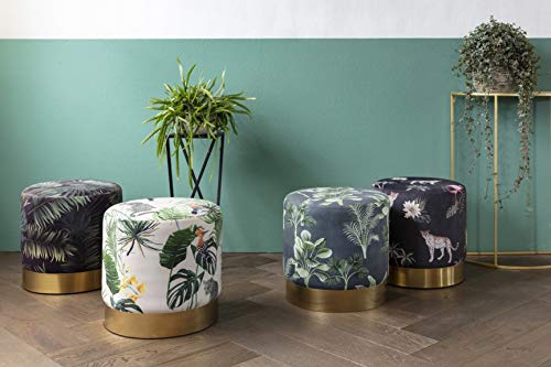 LIFA LIVING Puff taburete de terciopelo con borde dorado , Puff reposapies salón , Pouf redondo tapizado con tema hojas de plátano, 38 x 38 cm