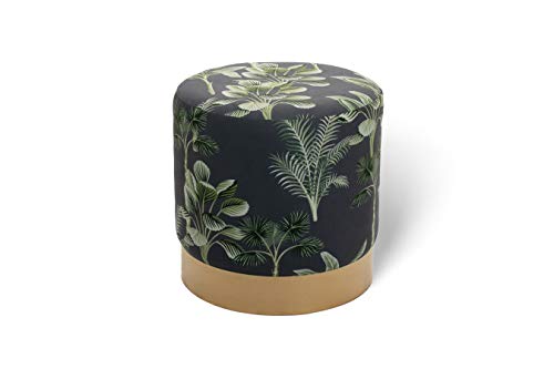 LIFA LIVING Puff taburete de terciopelo con borde dorado , Puff reposapies salón , Pouf redondo tapizado con tema hojas de plátano, 38 x 38 cm