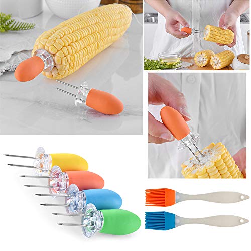 Lifreer - Juego de 16 soportes para maíz (8 pares) para mazorca de mazorca, pinchos de silicona para utensilios de cocina, barbacoas, picnics y campamentos, 2 cepillos de barbacoa