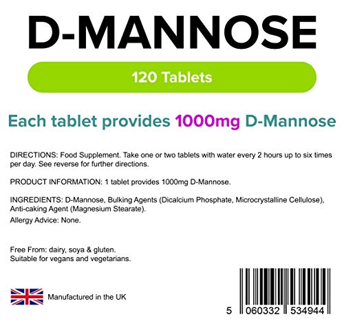 Lindens D-Manosa 1000 mg en comprimidos | 120 Paquete | Cada comprimido proporciona 1000 mg de D-Manosa, una molécula de azúcar simple que llevan frutas, como los arándanos rojos, de forma natural