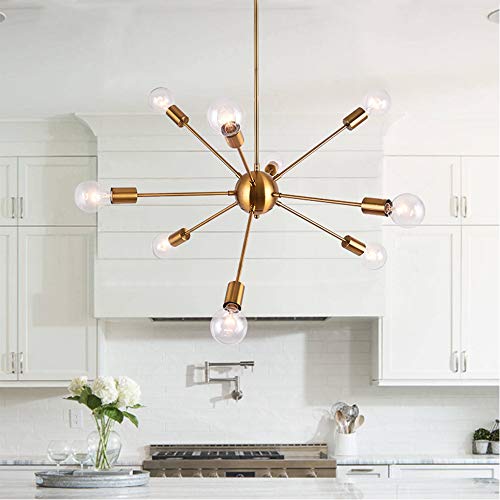 Lingkai Lámpara colgante moderna Sputnik Lámpara industrial Vintage Metal 9 tomas E27 Luces de techo para sala de estar Dormitorio Comedor Restaurante Lámparas colgantes Oro