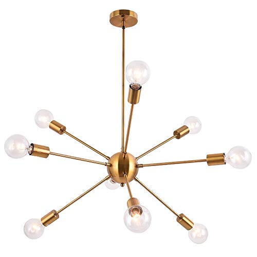 Lingkai Lámpara colgante moderna Sputnik Lámpara industrial Vintage Metal 9 tomas E27 Luces de techo para sala de estar Dormitorio Comedor Restaurante Lámparas colgantes Oro