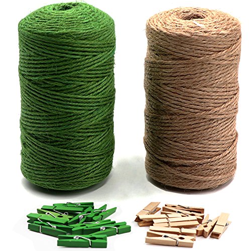 LIVEHITOP 200m Natural Cuerda de Yute, Verde Cordel de Cáñamo con 20 Clips para Jardinería Fotos Floristería Regalos Manualidades Decoración (2x100m)