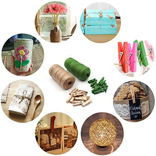 LIVEHITOP 200m Natural Cuerda de Yute, Verde Cordel de Cáñamo con 20 Clips para Jardinería Fotos Floristería Regalos Manualidades Decoración (2x100m)